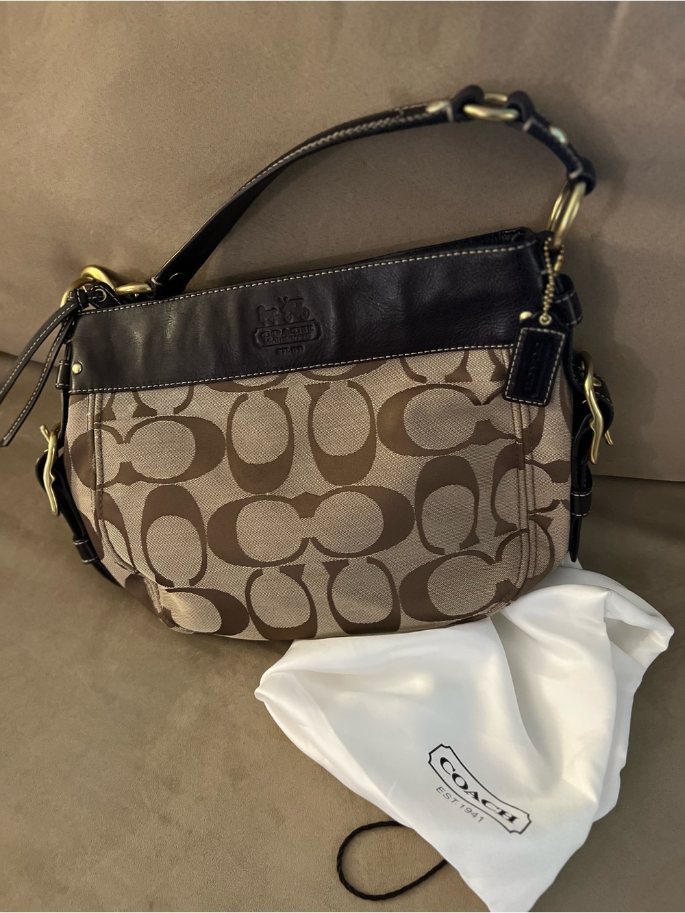 Coach Brown Signature Canvas Shoulder Bag with Dark Brown Trim